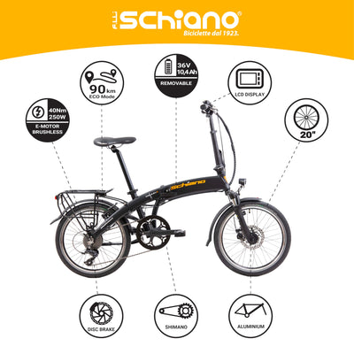 F.lli Schiano Galaxy, E Bike Klappbar 20 Zoll, 36V 10.4Ah Abnehmbarer Akku, Motor 250W 40Nm, Klapprad Ebike für Herren/Damen, Schwarz-Orange