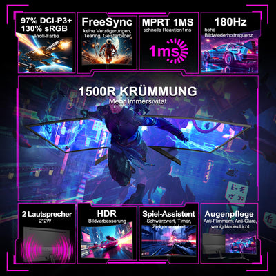 Minifire 24 Zoll Curved Gaming Monitor 180Hz, 1ms, 130% sRGB, Mit Lautsprechern, HDR, FreeSync, 300cd/m², VA, FHD 1080P, Rahmenlos, HDMI1.4 DP1.2 Ports (MFG24C1 HDMI-Kabel im Lieferumfang enthalten)