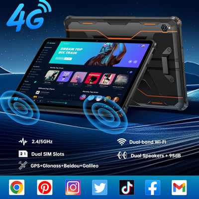 OUKITEL RT9 Outdoor Tablet - 24GB(6+18GB) RAM+256GB ROM(1TB TF) 11000mAh Akku, Android 14 Rugged Tablet PC 10.1 Zoll Octa Core Wasserdicht Tablet, Dual SIM 4G LTE/5G WiFi/Face ID/OTG/GPS - Orange