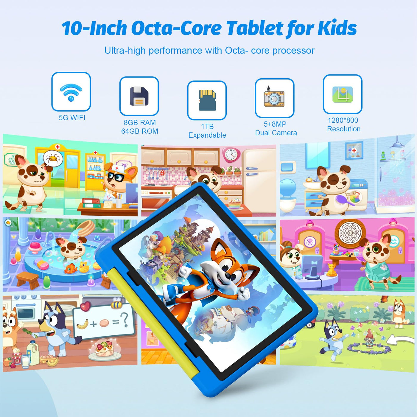 Cheerjoy Kinder Tablet 10 Zoll Android 14 Tablet für Kinder im Alter von 3-12 Jahren, Octa-Core, 8+64GB(TF 1TB), Kindersicherung, vorinstalliertes KIDOZ, 5G WiFi Tablet PC mit stoßfester Hülle-Blau