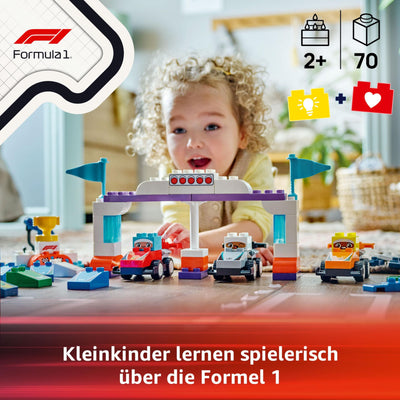 LEGO DUPLO Town F1 Team Rennautos mit Rennfahrern - Montessori Spielzeug für Mädchen & Jungen - Lernspielzeug für Kinder ab 2 Jahren - 10 Spielzeug Autos mit Kran, Startlichtern, Siegerpodest - 10445