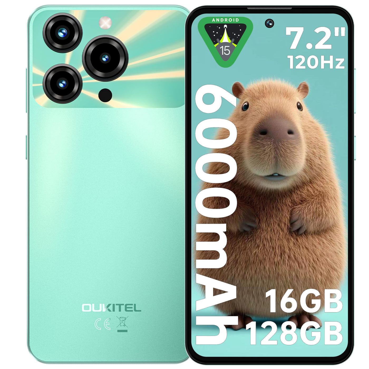 OUKITEL C69 Smartphone Ohne Vertrag - 7,2 Zoll 120Hz Display 6000mAh Akku Handy Ohne Vertrag 64MP+8MP 16GB+128GB/1TB Smartphone Android 15 Simlockfreie Handys Dual SIM 4G Face ID/OTG/GPS/Grün