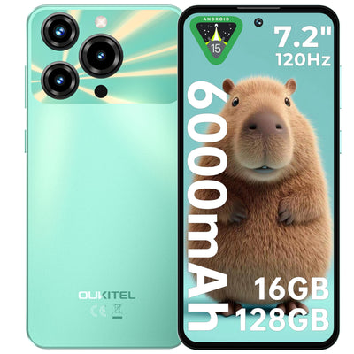 OUKITEL C69 Smartphone Ohne Vertrag - 7,2 Zoll 120Hz Display 6000mAh Akku Handy Ohne Vertrag 64MP+8MP 16GB+128GB/1TB Smartphone Android 15 Simlockfreie Handys Dual SIM 4G Face ID/OTG/GPS/Grün