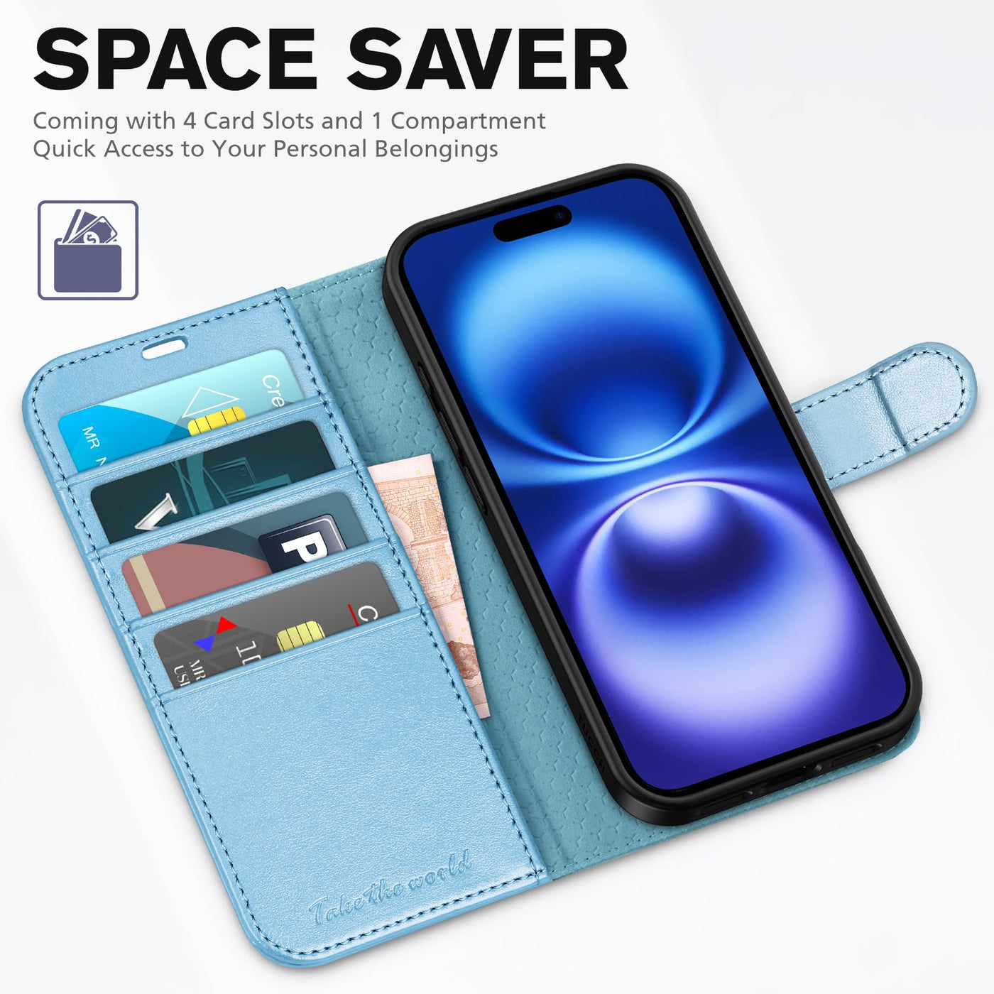 TUCCH Hülle für iPhone 16 Plus 5G Handyhülle [RFID Blocker] Stoßfest [Magnet Verschluss] [Kartenfach] TPU Flip Klappbar Schutzhülle Kompatibel mit iPhone 16 Plus 2024 (6,7 Zoll), Blau Glitzer