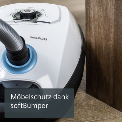Siemens Staubsauger mit Beutel Z 7.0 VSZ7442S, ideal für Allergiker, Hygiene-Filter Plus, extrem leise, Bodendüse für Parkett, Teppich, Fliesen, langes Kabel, XXL-Polsterdüse, Fugendüse, 650 W, weiß
