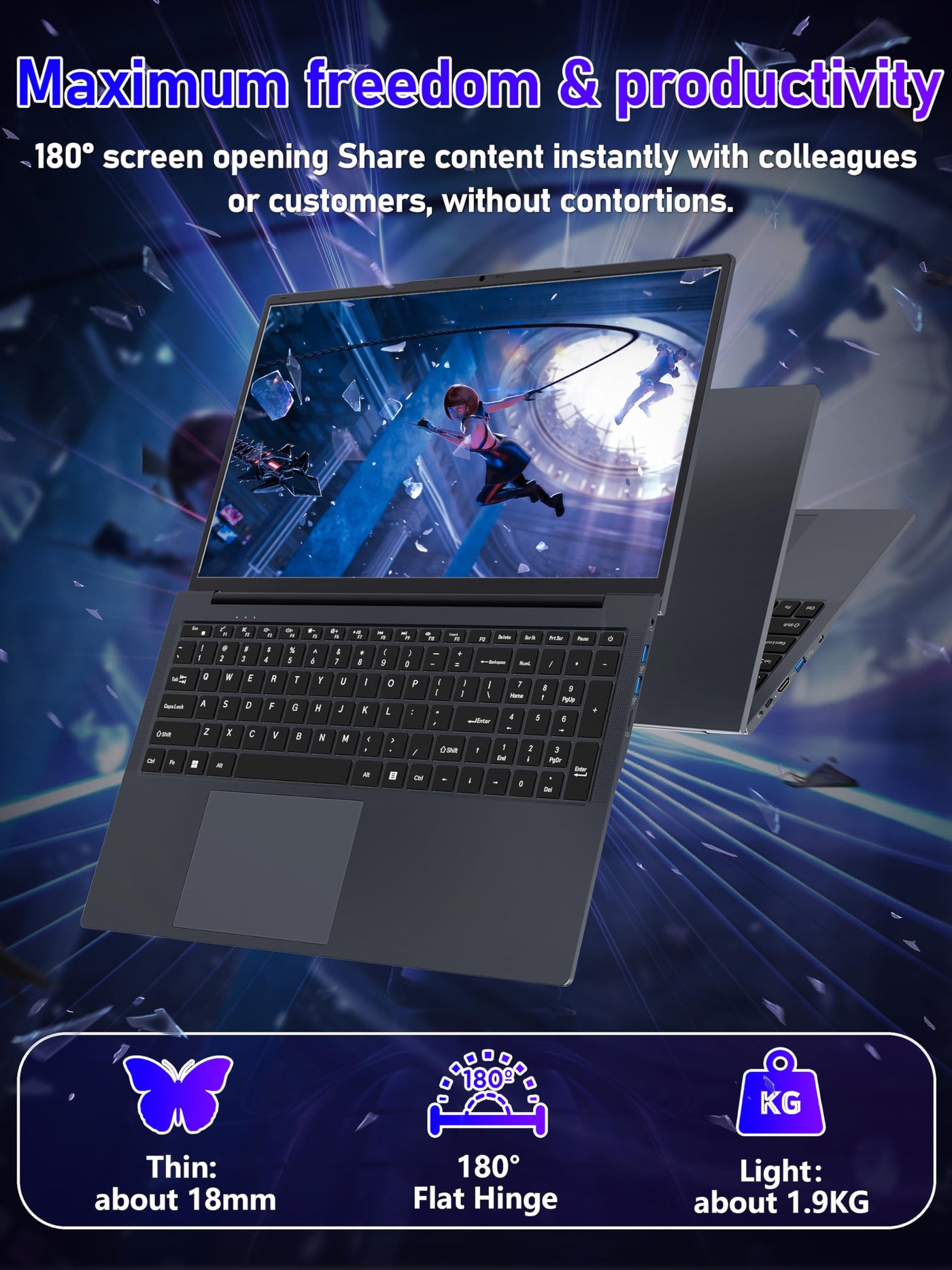 Fsjun 17,3 Zoll Laptop, N150(Beat N100 N97 N5095) bis zu 3,6 GHz, FHD IPS Display, 16 GB RAM, 960GB NVMe SSD, Beleuchtete Tastatur, großer Akku, HDMI, USB 3.0, Type-C, WLAN, PC