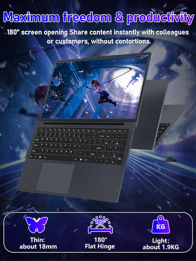 Fsjun 17,3 Zoll Laptop, N150(Beat N100 N97 N5095) bis zu 3,6 GHz, FHD IPS Display, 16 GB RAM, 960GB NVMe SSD, Beleuchtete Tastatur, großer Akku, HDMI, USB 3.0, Type-C, WLAN, PC