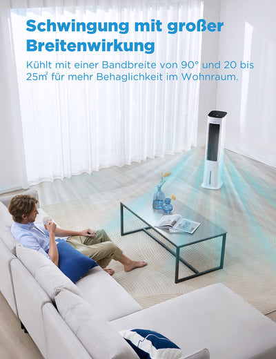 Midea Luftkühler mit Wasserkühlung, Klimaanlage Mobil, Ventilator mit 5L Wasserkühlung, Luftbefeuchter und Ionisation, Klimaanlage Ohne Abluftschlauch, 355m³/h, Ventilator mit Fernbedienung,55W,Weiß