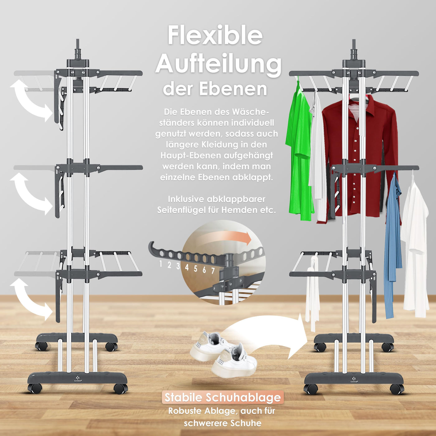 KESSER® Wäscheständer-Turm mit Rädern Platzsparender Wäschetrockner für Innen & Außen 4-Etagen 2 drehbare Seitenflügel und 6 klappbare Ebenen Standtrockner Wäscheturm Zusammenklappbar Weiß/Anthrazit