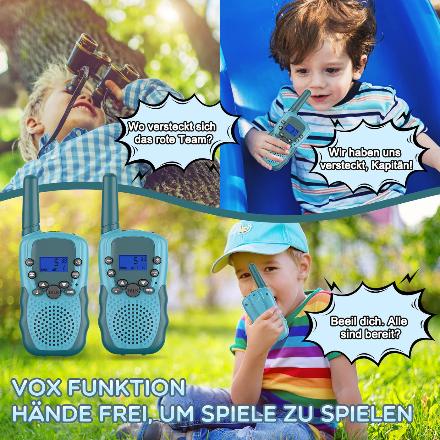 Bakoherp Walkie Talkie Kinder ab 3-12 Jahre, Aufladbar mit 8 Kanäle, Funkgerät Wiederaufladbar mit LED Taschenlampe, VOX Funktion, Klare Stimme für Abenteuer, Camping, Wandern