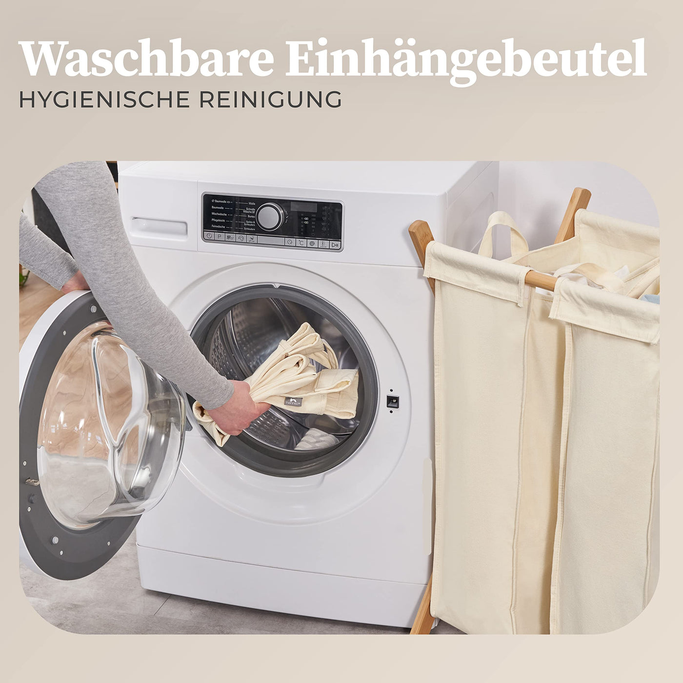 Hennez Wäschesammler XXL - Wäschekorb 3 Fächer - Wäschesortierer Wäschebox - Holz - Wäschetrenner Beige - Wäsche Sortiersystem Bambus - Wäschkorb - Laundry Basket
