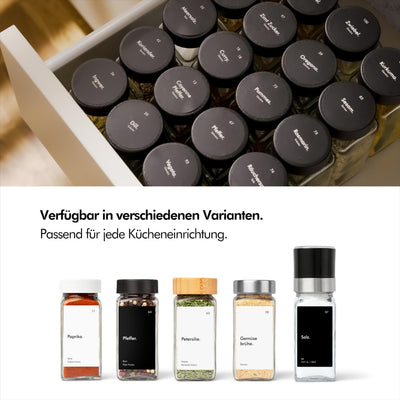 KIVY Gewürzgläser mit Streueinsatz [24x 120ml] + 240 Wasserfeste Label - Luftdichte Gewürzgläser Schwarz - Gewürzstreuer Glas Sticker - Gewürzgläser schwarzer Deckel - Gewürzdosen Schwarz