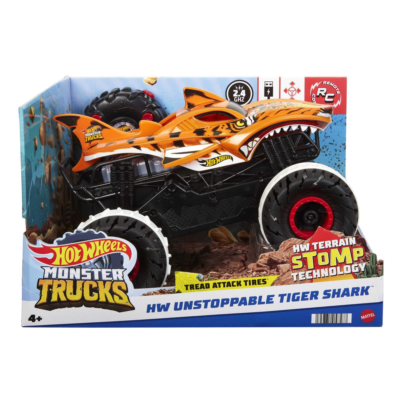 Hot Wheels Monster Trucks Ferngesteuertes Auto Tiger Shark, mit 'Terrain Stomp' Technologie für tierähnliche Bewegungen, Wheelie Modus für Drehen auf 2 Rädern, Spielzeug ab 4 Jahre, HGV87