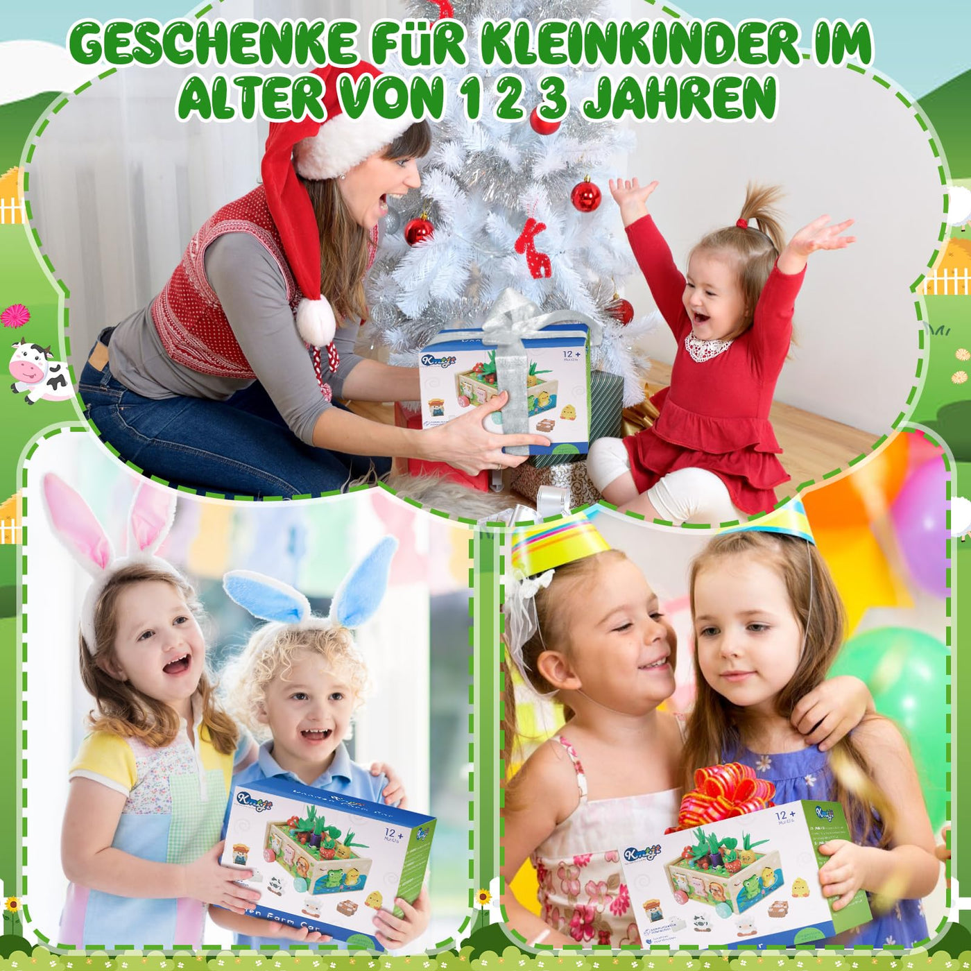 KMTJT Montessori Spielzeug ab 1 2 3 Jahr | Holzspielzeug mit Karte 7-in-1 Farmspiel Motorikspielzeug aus Holz | Kinder Karotten Steckspiel Holz | Montessori Geschenk Mädchen Jungen
