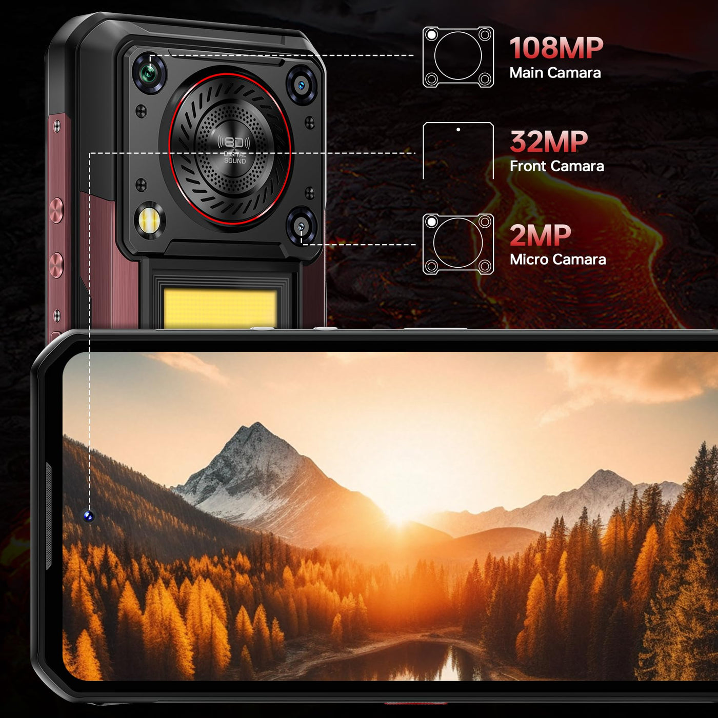 OUKITEL WP56 Outdoor Handy 5G - 36GB+512GB/2TB 16000mAh 108MP Outdoor Smartphone 128DB Lautsprecher 6,8" FHD+ 120Hz Android 15 baustellenhandy, 1000LM Campinglicht, IP68 Wasserdicht/NFC/GPS/OTG/BT5.2