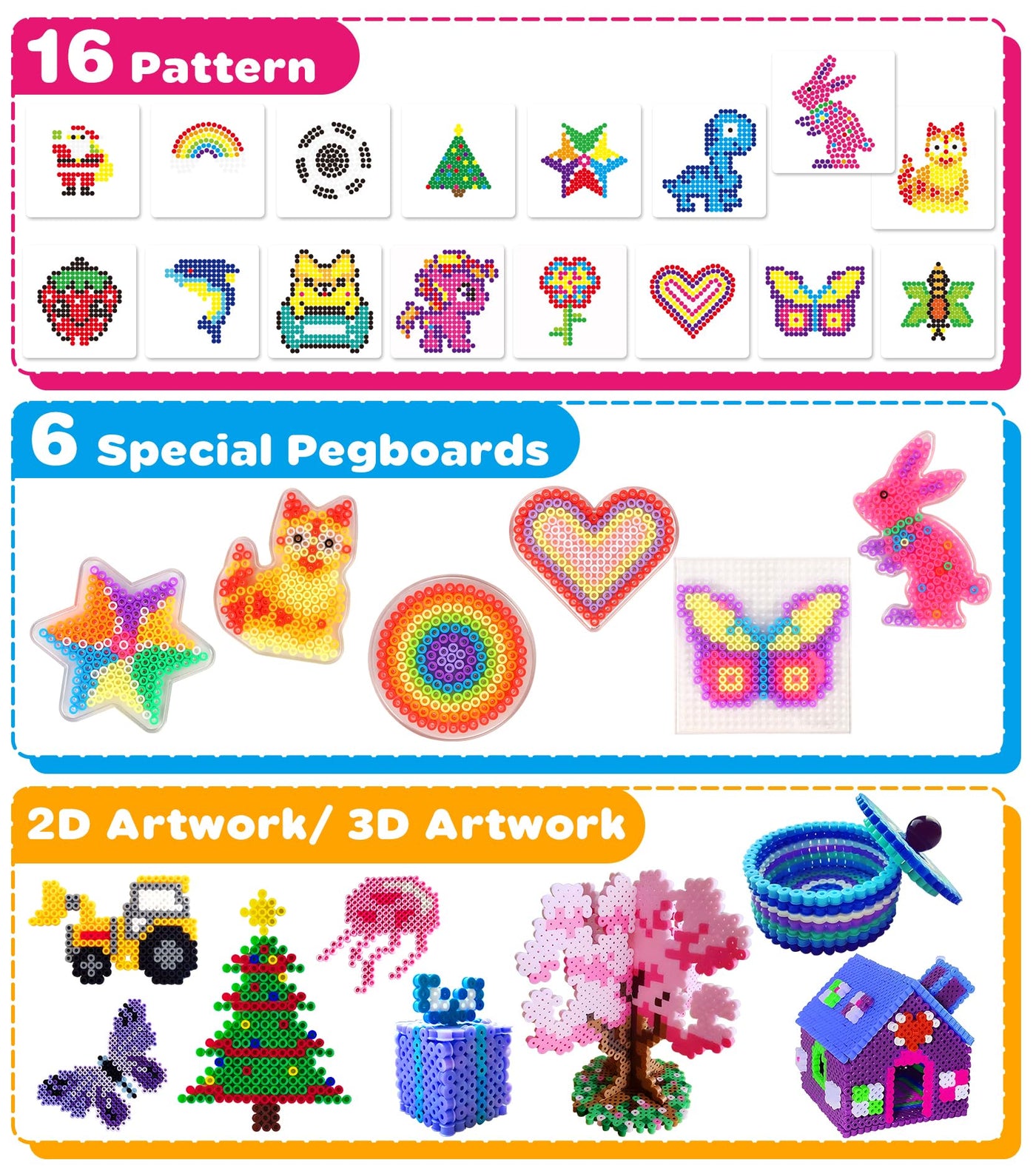 Ophy Bügelperlen Set | 15000 Stück 5mm Bügelperlen mit Dreilagiger Aufbewahrungsbox, 6 Bügelperlen Platten, 16 Muster, 5 Bügelpapiere, 20 Farben DIY Bügelperlenn, 3D für Kinder Geschenk Bastelideen