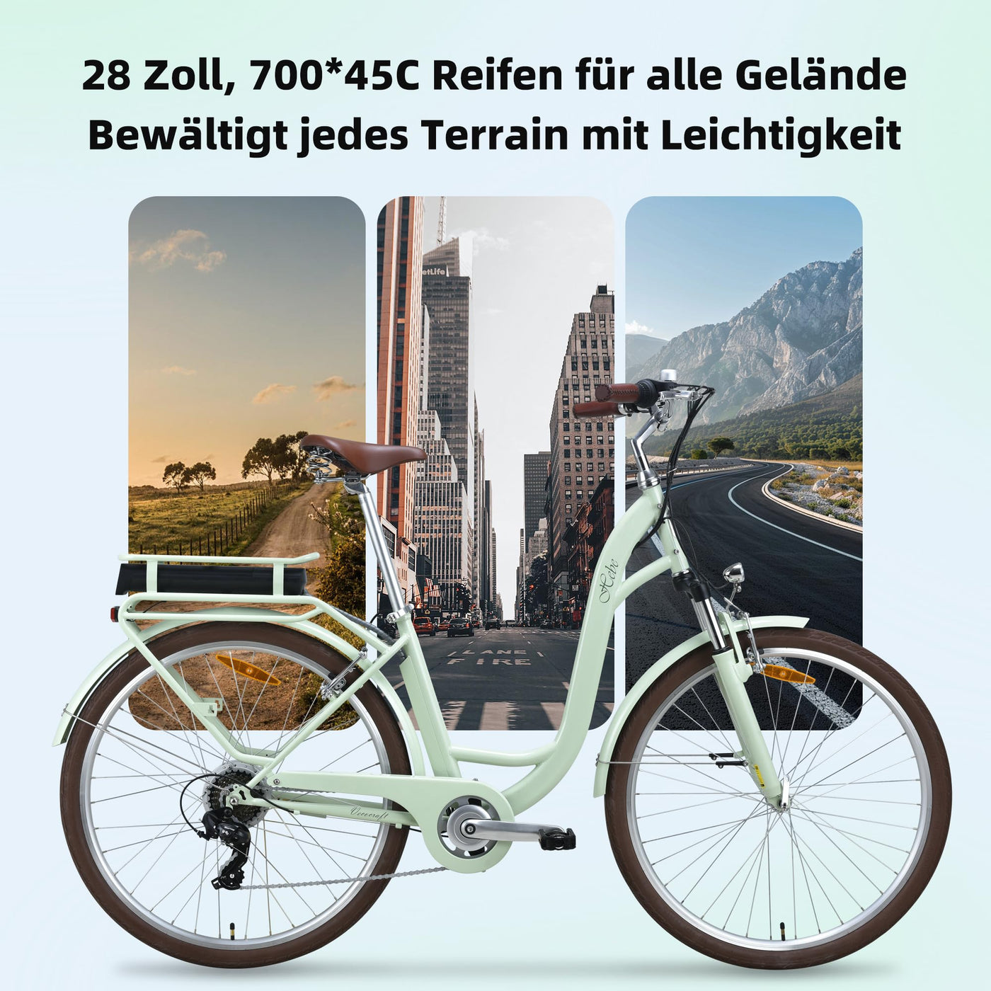 VecoCraft E-Bike City Elektrofahrrad für Herren und Damen 28 Zoll 7-Gang-Modus 3 Fahrmodi mit 10 Ah Akku 36V 250W Heckmotor RH 46 cm (Olivgrün)