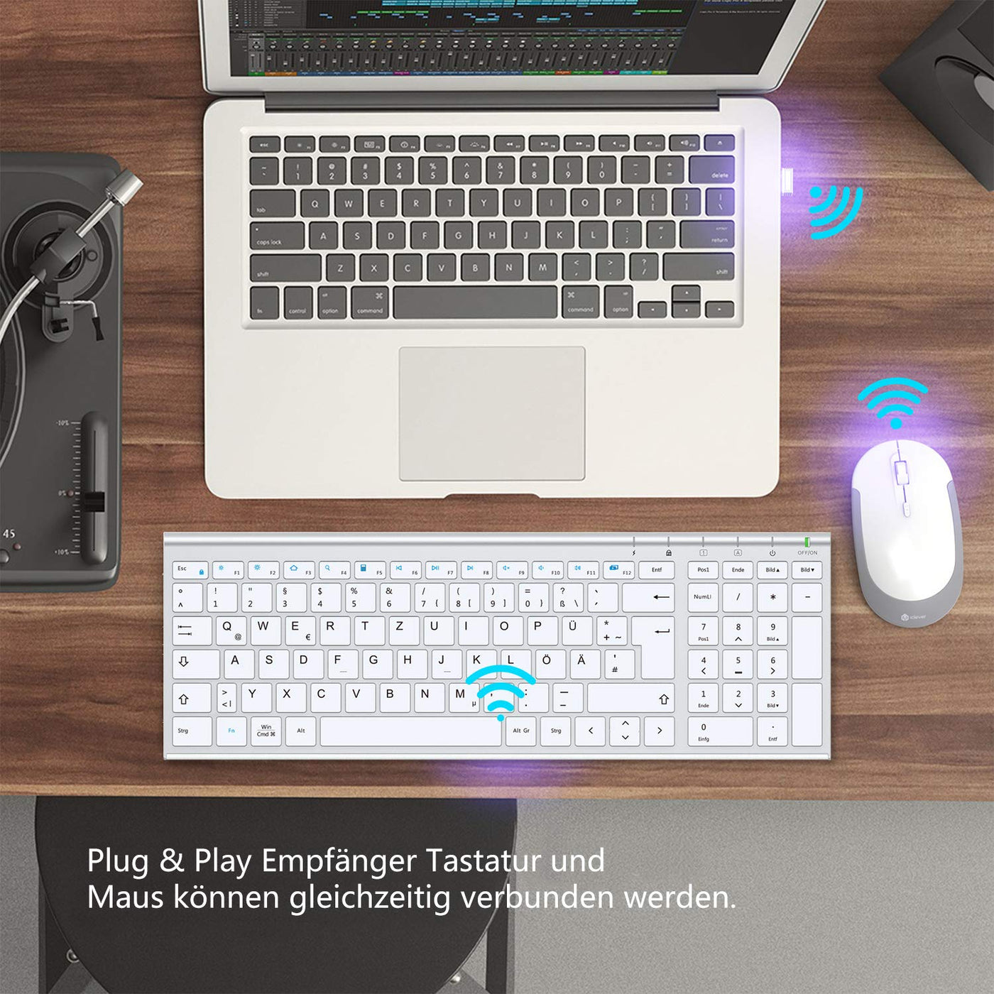 iClever Kabellos Tastatur Maus Set, Wiederaufladbare Kabellose Tastatur und Maus, QWERTZ Layout (Deutsch), Ultra Thin für Computer/Desktop/PC/Laptop/Windows 10/8/7, Weiß und Silber