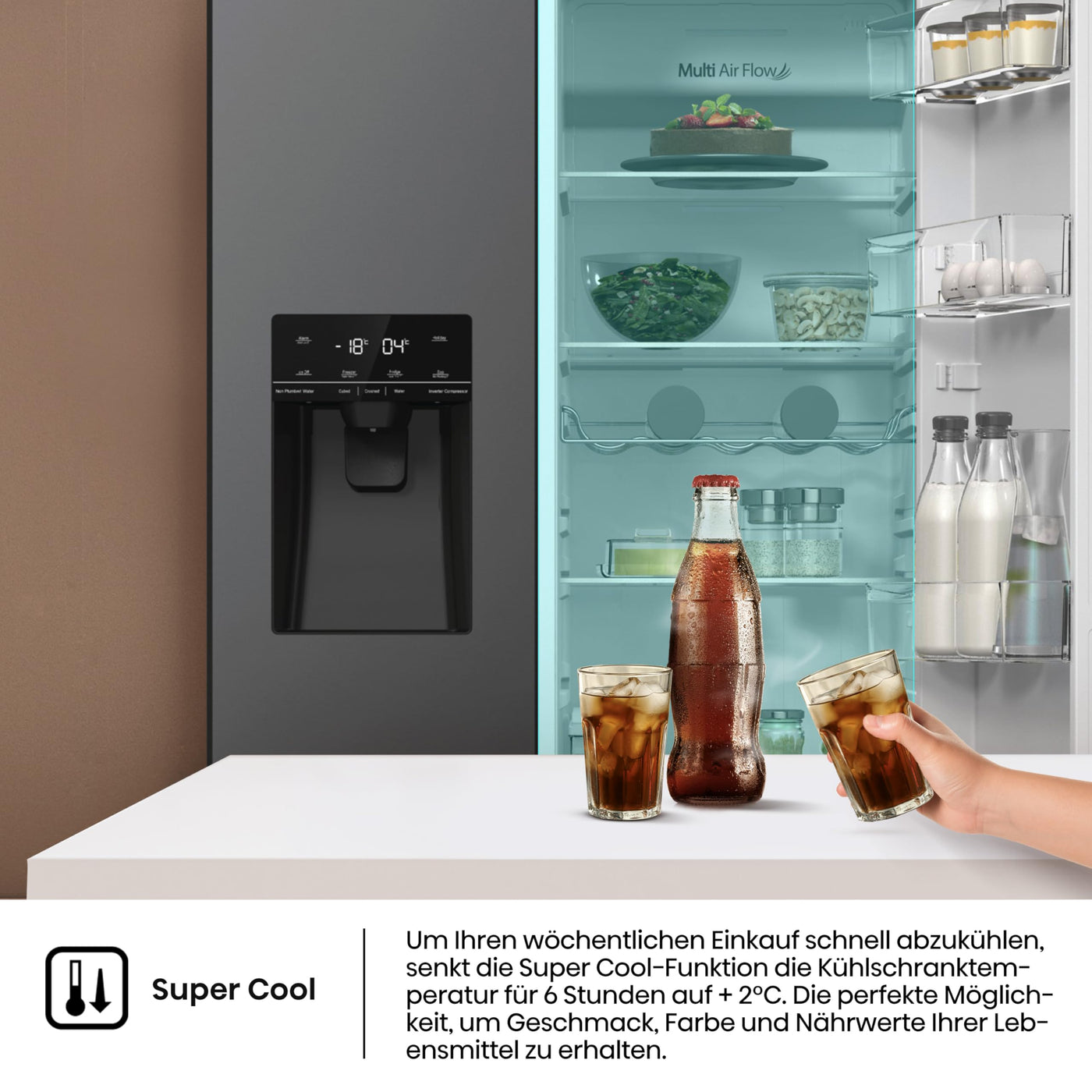 Hisense RS5P535NTFE Side-By-Side Kühl-Gefrier-Kombination, 376 Liter Kühlteil, 190 Liter Gefrierteil, Total NoFrost, Multi AirFlow, FastFreeze, Energieeffizienzklasse E, 178,6cm x 91,5cm, schwarz