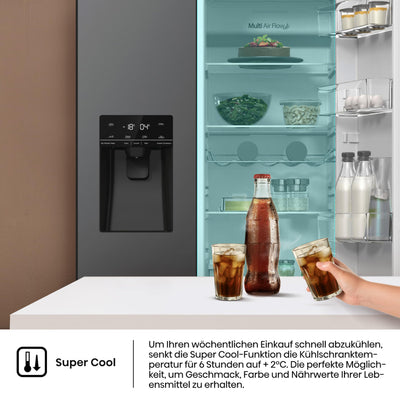 Hisense RS5P535NTFE Side-By-Side Kühl-Gefrier-Kombination, 376 Liter Kühlteil, 190 Liter Gefrierteil, Total NoFrost, Multi AirFlow, FastFreeze, Energieeffizienzklasse E, 178,6cm x 91,5cm, schwarz