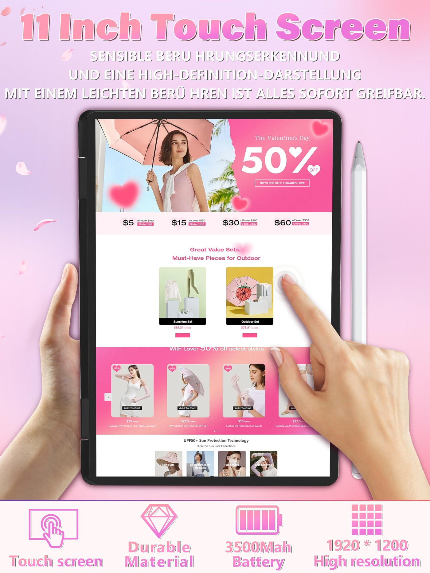 Fsjun 11-Zoll-Pink 2-in-1 Touchscreen-Laptop, N100(Beat N95 N5095), 16GB RAM, 1TB SSD, FHD IPS, Hintergrundbeleucht Tastatur,Wi-Fi, Type-C, HDMI,Leicht, tragbar (16G+1T)