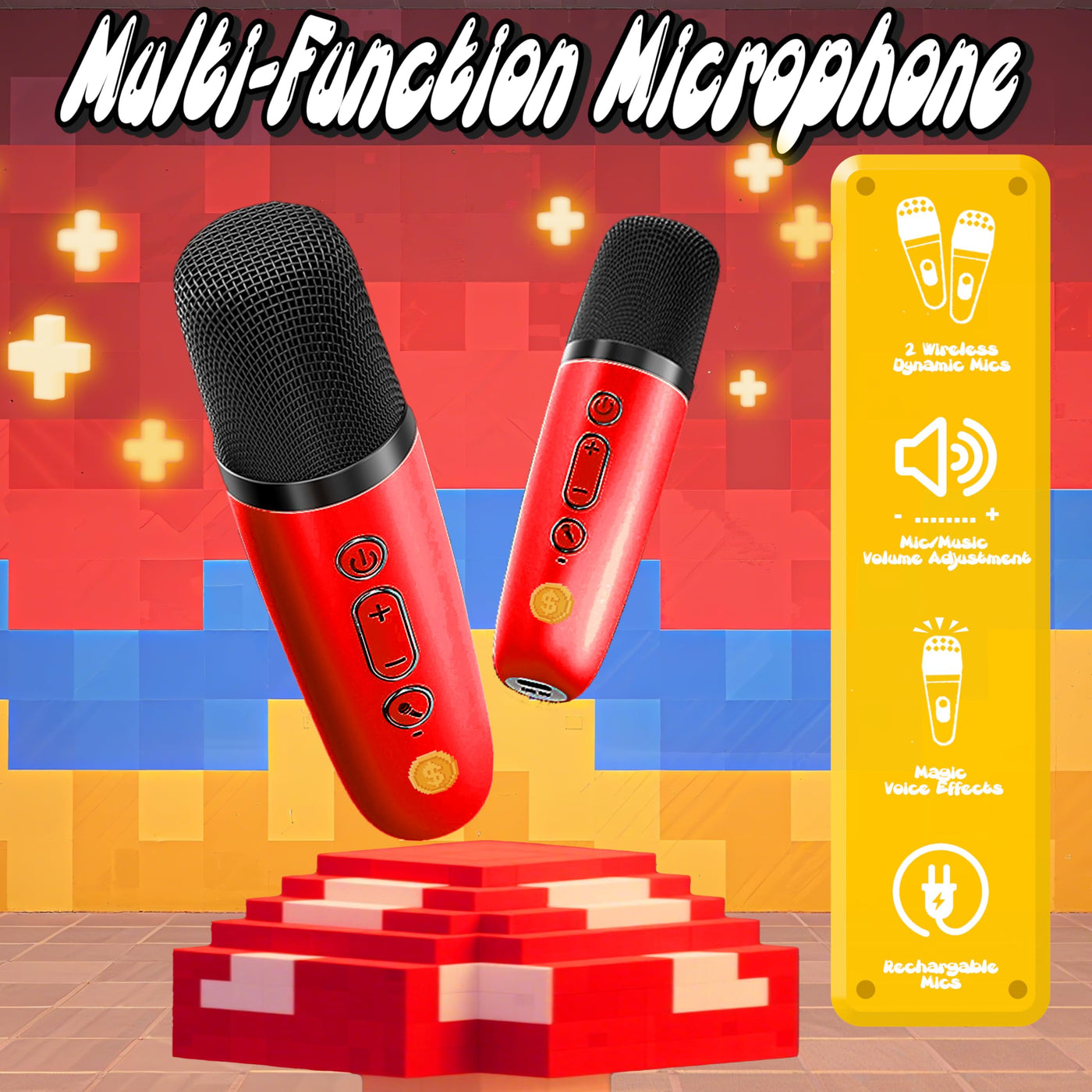 Mario Karaoke Maschine mit 2 Bluetooth Mikrofon, Pixel Miner Spielzeug, Mario Spielzeug für Kinder 3 4 5 6 7 8-12 Jahre, Tragbarer Karaoke Mikrofon, Geschenk für Jungen Mädchen ab 3-10 Jahre