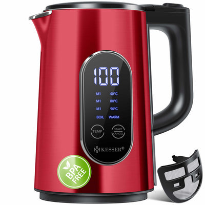 KESSER® Wasserkocher Edelstahl 1.5 Liter | LED-Anzeige | 4-Modi Temperatureinstellung 40°C-100°C | 30min Warmhalten | elektrischer Teekocher 2200W BPA-Frei | Kalkfilter & Easy-Open-Deckel, Bordeaux