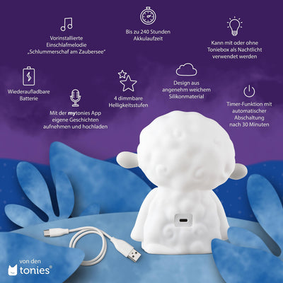 tonies Hörfiguren für Toniebox – Nachtlicht Schlummerschaf – Musik beruhigenden Klängen + Kreativ eigene Aufnahmen, für Kinder ab 3 Jahren, Laufzeit 90 Min.
