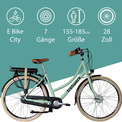 Tretwerk Aurora E Bike 28 Zoll Pedelec Damen Herren 155-185 cm Elektrofahrrad 522 Wh E Fahrrad Damenfahrrad 7 Gang (hellgrün, 50 cm)