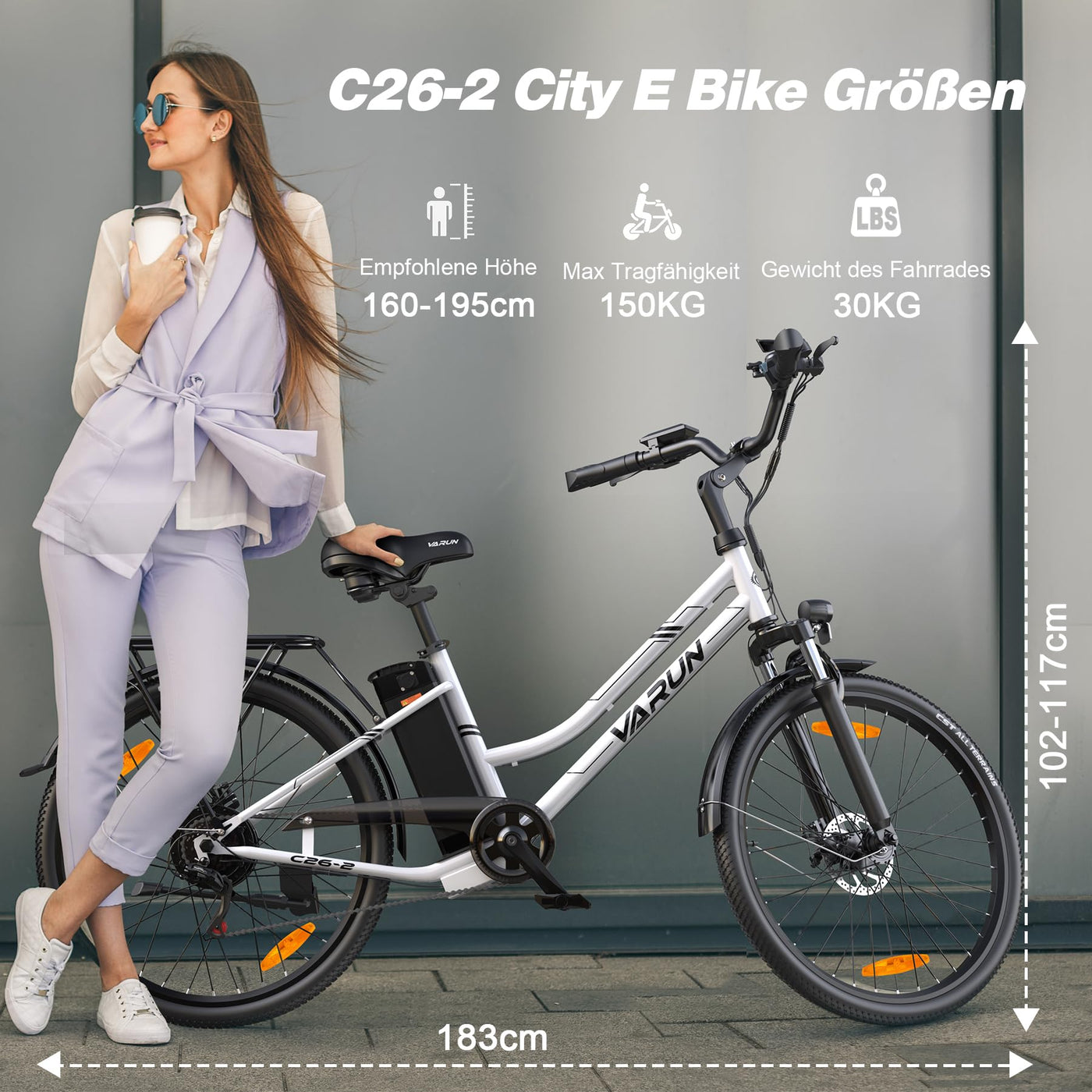 VARUN E Bike 26 Zoll, City E-Bike Damen Herren mit 250W Motor, 𝟒𝟖𝐕 Li-Ion Akku, Elektrofahrrad mit 𝐋𝐂𝐃 Display, 𝟒 Fahrmodi, City E-Fahrrad mit bis zu 𝟖𝟎𝐊𝐌