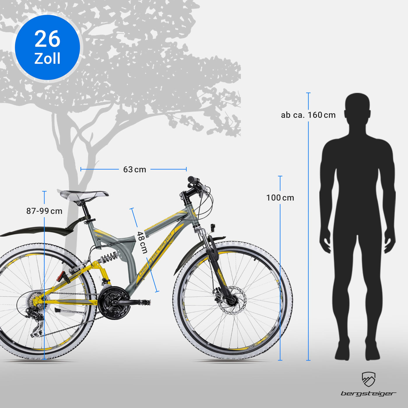 Bergsteiger Phoenix 26 Zoll Mountainbike, geeignet ab 160 cm, Scheibenbremse, Licht, Schutzblech, 21 Gang-Schaltung, Vollfederung