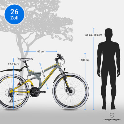 Bergsteiger Phoenix 26 Zoll Mountainbike, geeignet ab 160 cm, Scheibenbremse, Licht, Schutzblech, 21 Gang-Schaltung, Vollfederung