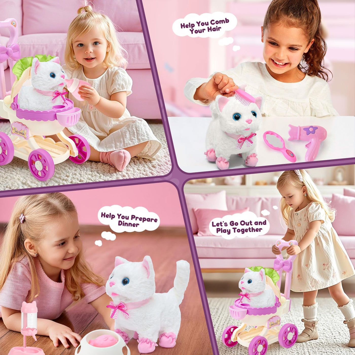 Tacobear Katzen Spielzeug Kinder 2 3 4 Jahre Kuscheltier Spielzeug Interaktives Haustier mit Elektronisch Plüsch Katze & Puppenwagen & Friseur Set Fütterung Zubehör Geschenke für Mädchen 3 4 5 6 Jahre