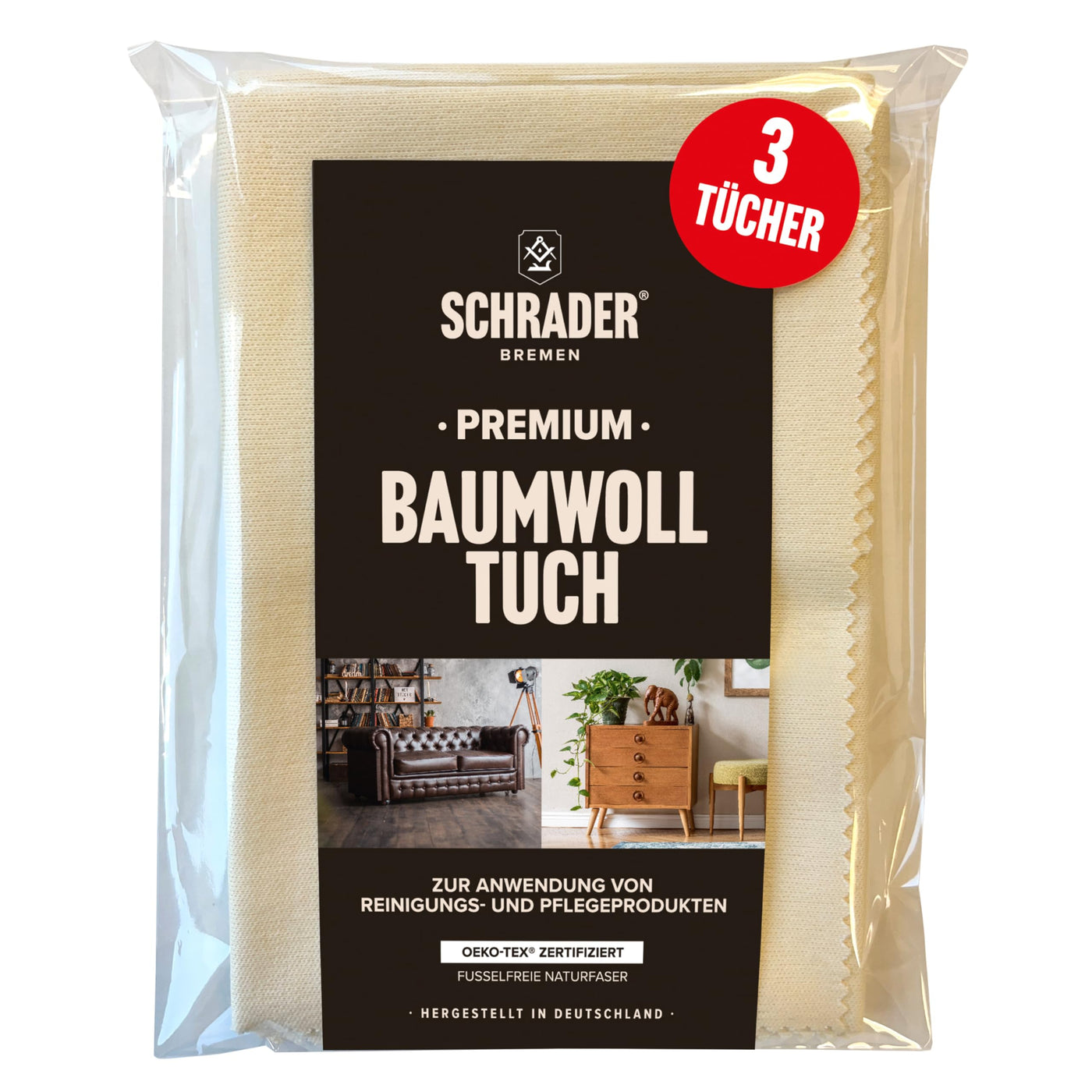 Schrader Premium Baumwolltuch - Poliertuch für alle Oberflächen, Möbel, Kleidung, Leder, Holz - cremefarben - 25x33cm - 3 Stück