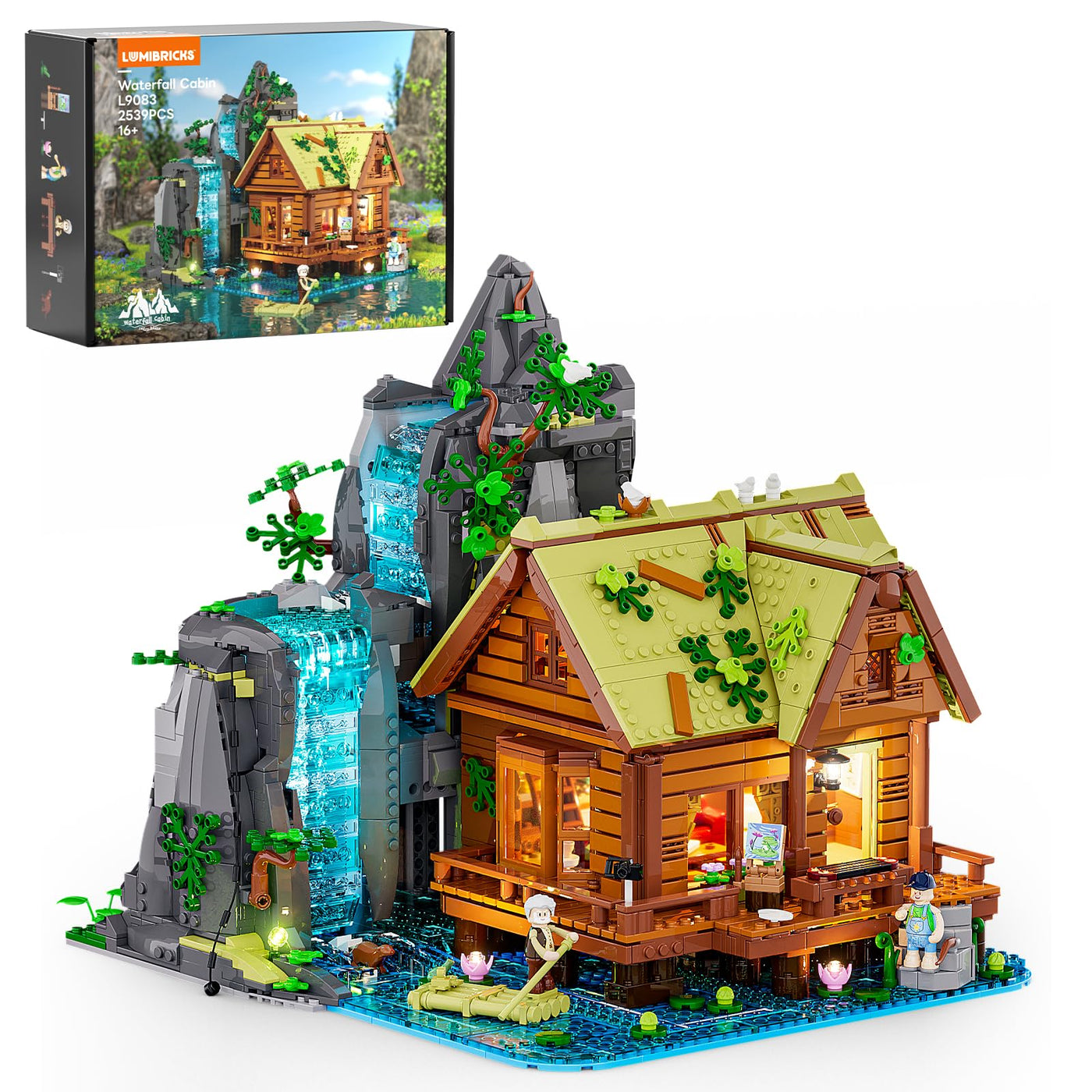 Lumibricks Waterfall Cabin Bauset mit Licht – 2539 Teile Retro Holzhaus mit beweglichem Wasserfall & Naturkulisse, Sammlerstück für Erwachsene