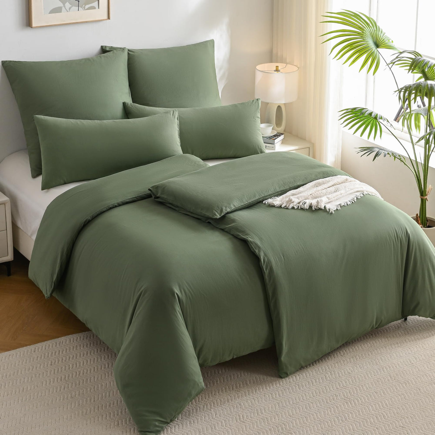 JELLYMONI Bettwäsche 135x200 Baumwolle 4-Teilig Bettwäsche-Sets Grün Oeko-Tex 100% Gewaschene Baumwolle 2 Bettbezüge mit Reißverschluss und 2 Kissenbezüge 40X80 mit Umschlag Weich 4tlg. Bettwäsche