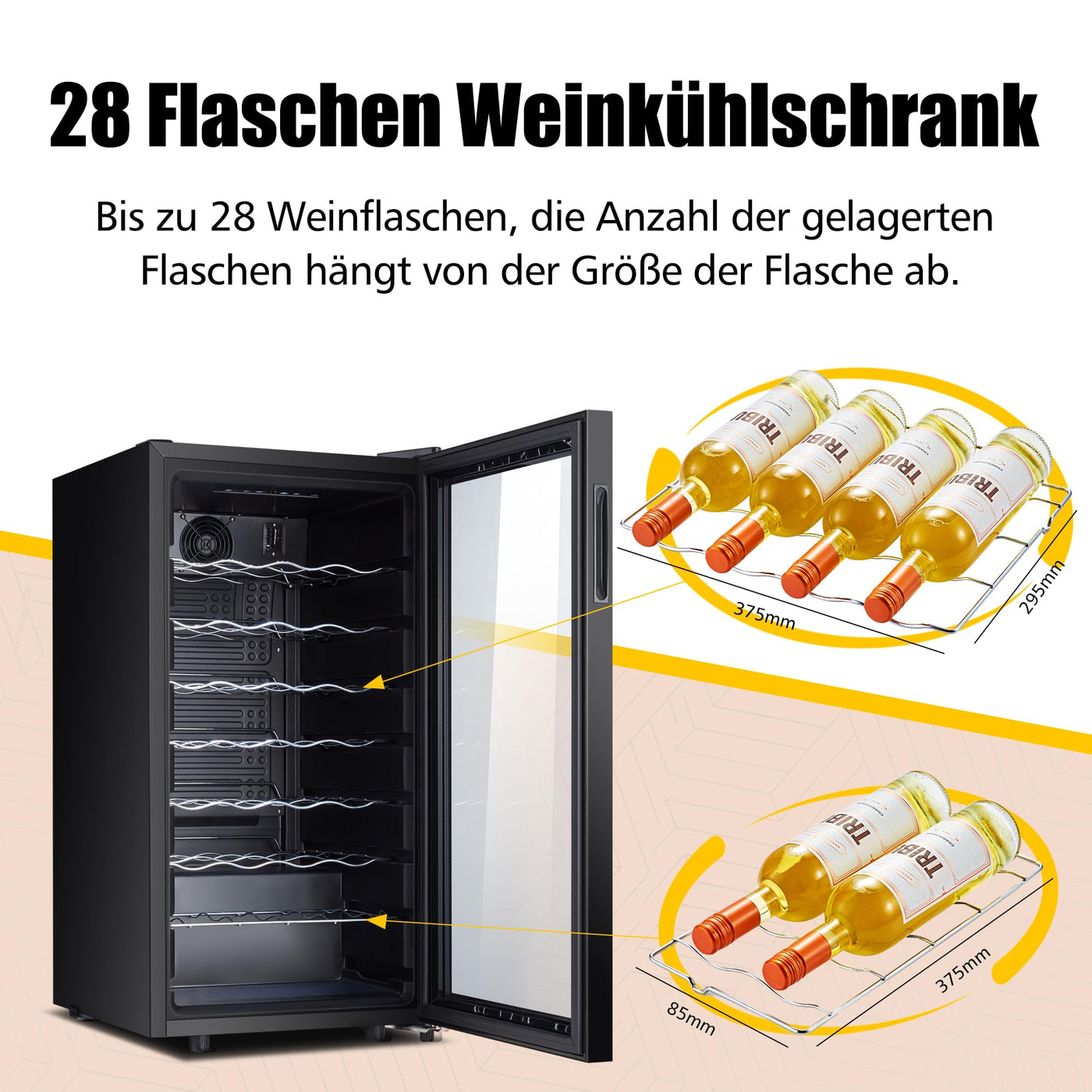 Kalamera Weinkühlschrank, 28 Flaschen 86 Liter, Touch-Bedienfeld, Schwarze Glastür, Verdeckter Griff, 5-18°C Kühlzone, Herausnehmbare Eisenböden, KRC-86FCSS-B