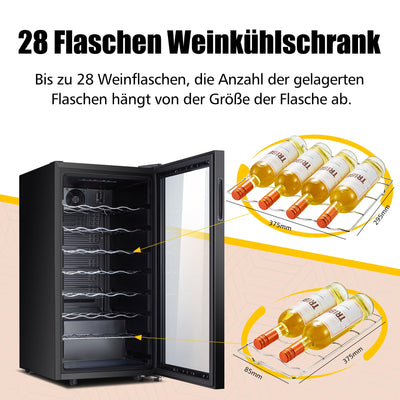 Kalamera Weinkühlschrank, 28 Flaschen 86 Liter, Touch-Bedienfeld, Schwarze Glastür, Verdeckter Griff, 5-18°C Kühlzone, Herausnehmbare Eisenböden, KRC-86FCSS-B