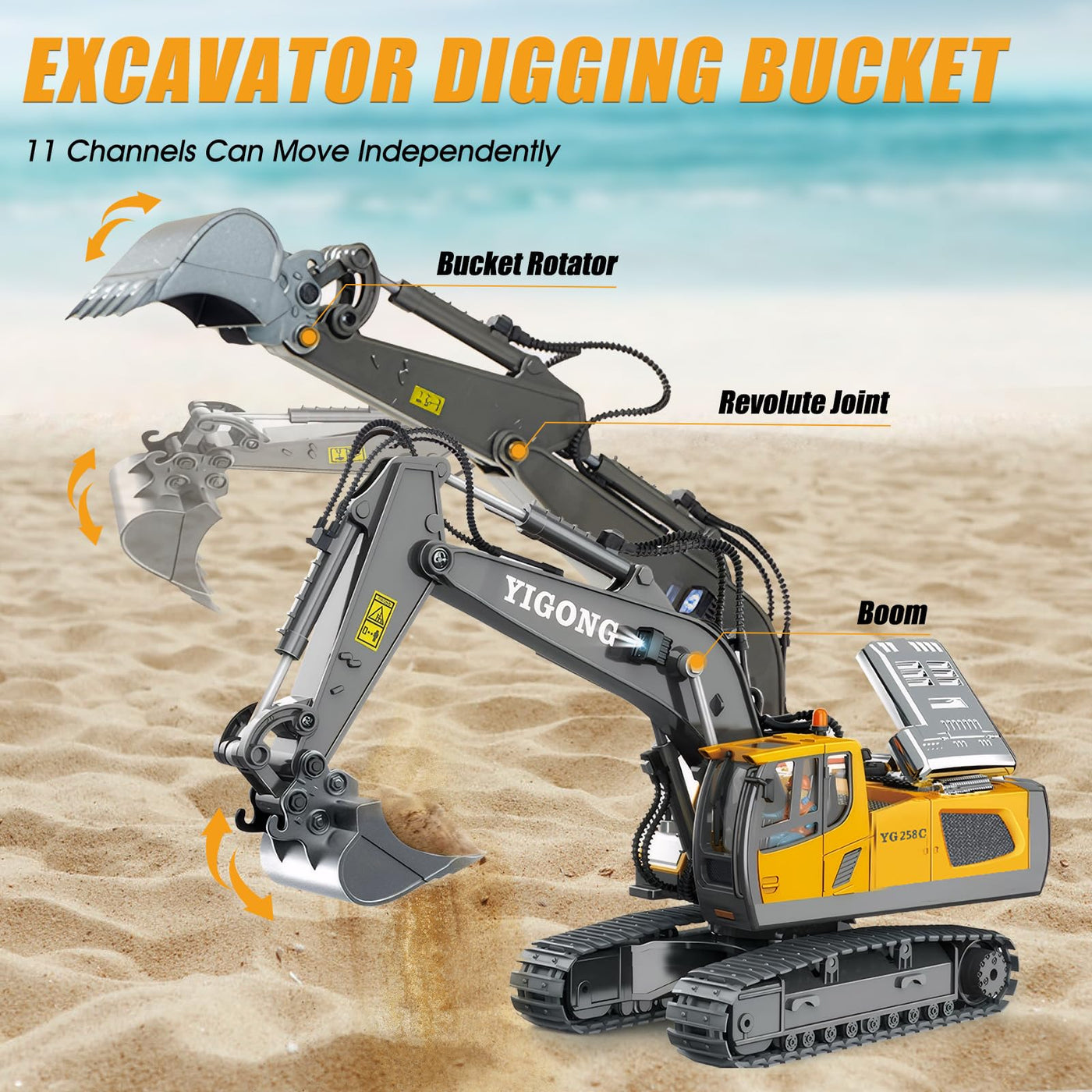 KIYTARBOO Ferngesteuertes Auto Bagger Spielzeug für ab 3 Jahre Sand Fahrzeuge Metall Ferngesteuert, 11CH, 2,4 GHz RC Bagger mit Licht und Sound 680° Drehung, Geschenke für Jungen ab 5 6 7 8 9 10 11 12