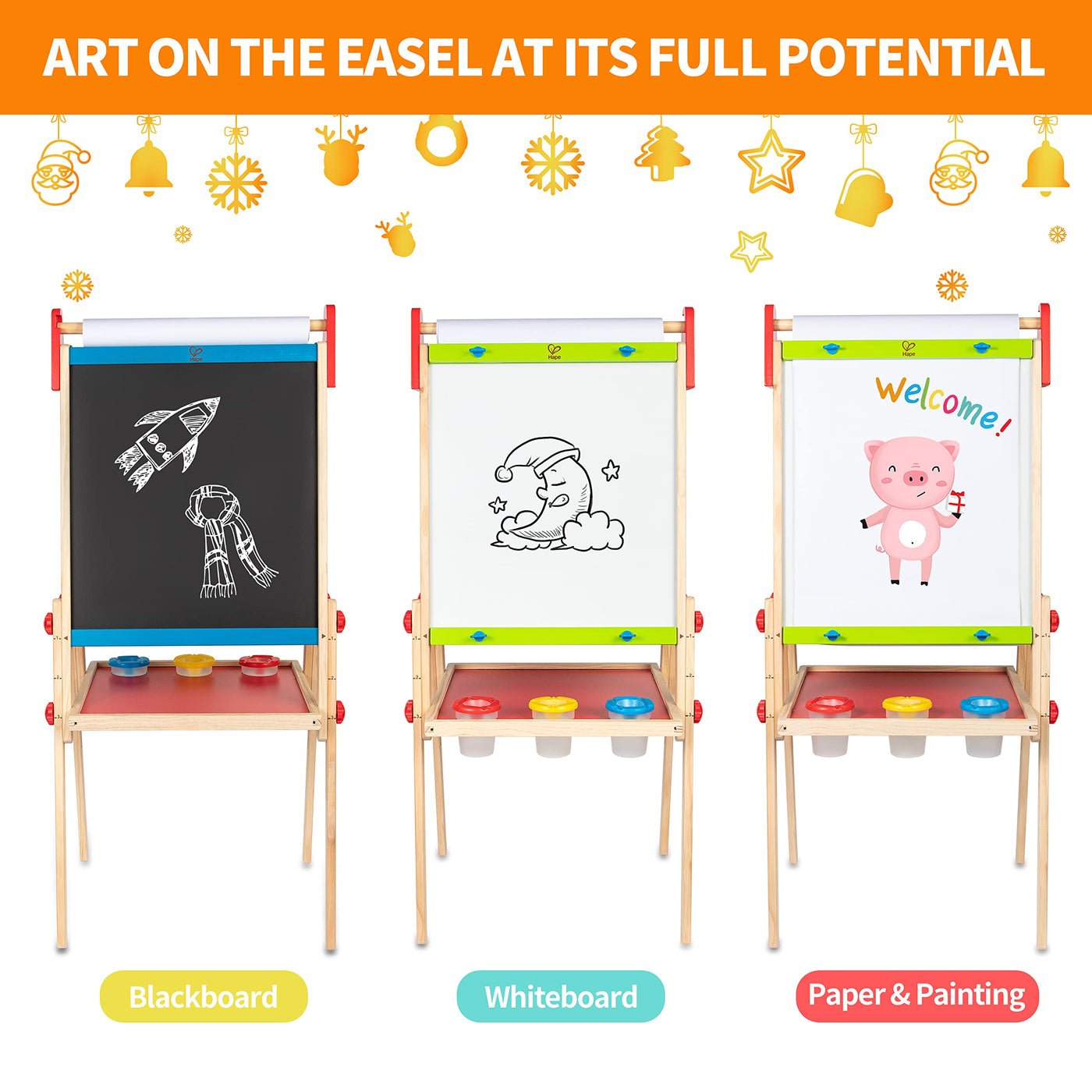 Hape Kinder Spiel-Tafel aus Holz| Preisgekrönte doppelseitige Kindertafel höhenverstellbar mit Papierrolle, Kreidetafel, Whiteboard, Magnete und 3 Malschüsselchen