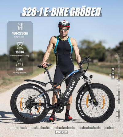 VARUN E Bike Elektrofahrrad mit 26 * 4.0 Zoll Fat Tire, 48V 16Ah(768Wh), Bis zu 120KM, E-Bike Herren mit 250W 80NM Motor, Elektrofahrräder Ebike mit 5 Modi, 7-Gang, LCD-Display, MTB mit EU-Konformes