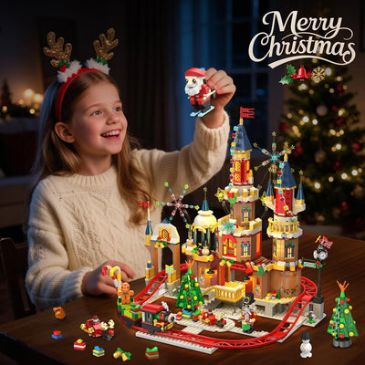CUBIMANA Weihnachtsschloss-Achterbahn-Bausatz mit Lichtern – 2025 Schlossdorf-Achterbahn-Bausteine Haus Weihnachtsbaum Zug Weihnachtsmann-Spielset Geschenk Erwachsene Kinder Jungen Mädchen(1232Teile)
