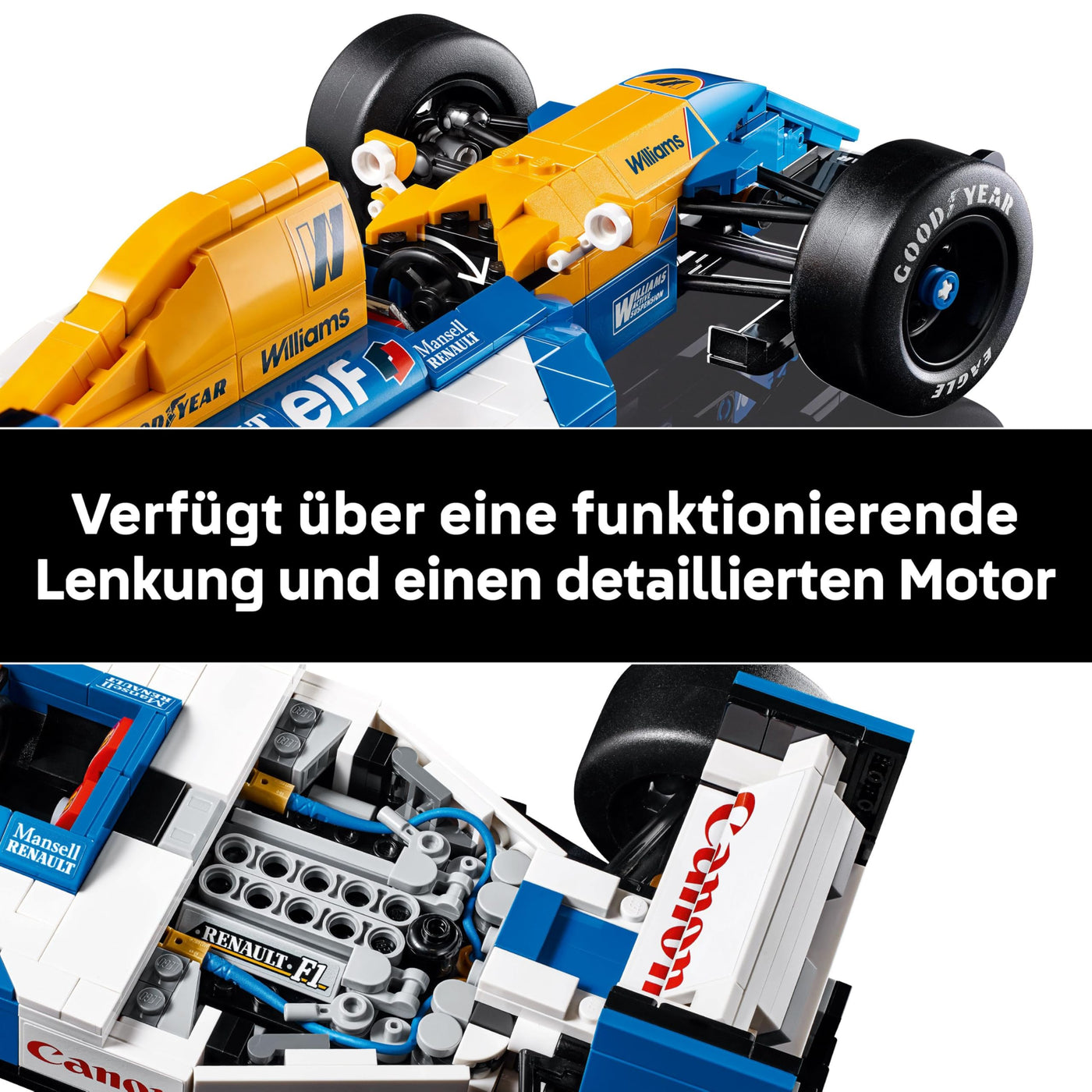 LEGO Icons Williams Racing FW14B mit Nigel Mansell - F1 Modellauto Set mit Rennfahrer Minifigur zum Sammeln - Schreibtischdeko mit Ständer - Geschenk für Erwachsene & Jugendliche Motorsportfans 10353