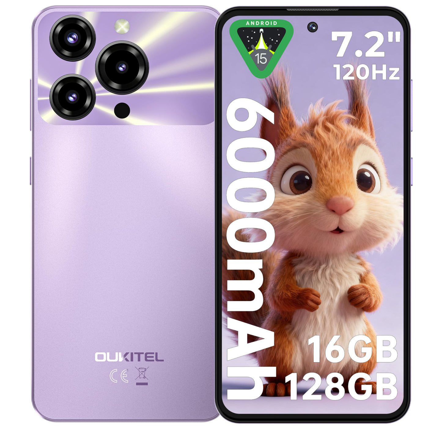 OUKITEL C69 Handy Ohne Vertrag - 7,2 Zoll 120Hz Display 6000mAh Akku Smartphone Ohne Vertrag 64MP+8MP 16GB+128GB/1TB Smartphone Android 15 Simlockfreie Handys Dual SIM 4G Face ID/OTG/GPS/lila