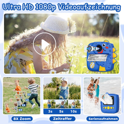 Kinderkamera Sofortbildkamera, 1080P HD 48MP Sofortbildkamera Kinder, Digitalkamera Kinder mit 32GB TF Karte, 3 Rollen Druckpapier & Dinosaurier Silikon Schutzhülle, Geschenk für Junge ab 3-12 Jahren