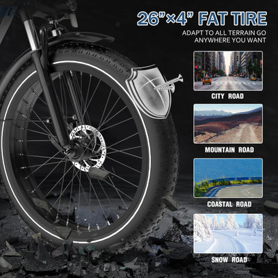 ECORUSH E Bike Herren,Ebike ECO R1 mit 48V 13Ah Batterie,Elektrofahrräder 26 * 4.0 Zoll,E-Bike 250W Motor & 25km/h, E Mountainbike 7-Gang Getriebe mit LCD-Display,Reichweite Max 100km