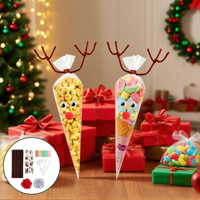 100 Stück Weihnachts Rentier Bastelset mit 100 braune Pfeifenputzer, 100 Süßigkeitentüten, 100 Bandstreifen, 100 rote Pompons, 100 Wackelaugen & Weihnachtsstickern. Ideal für DIY, Basteln & Geschenke