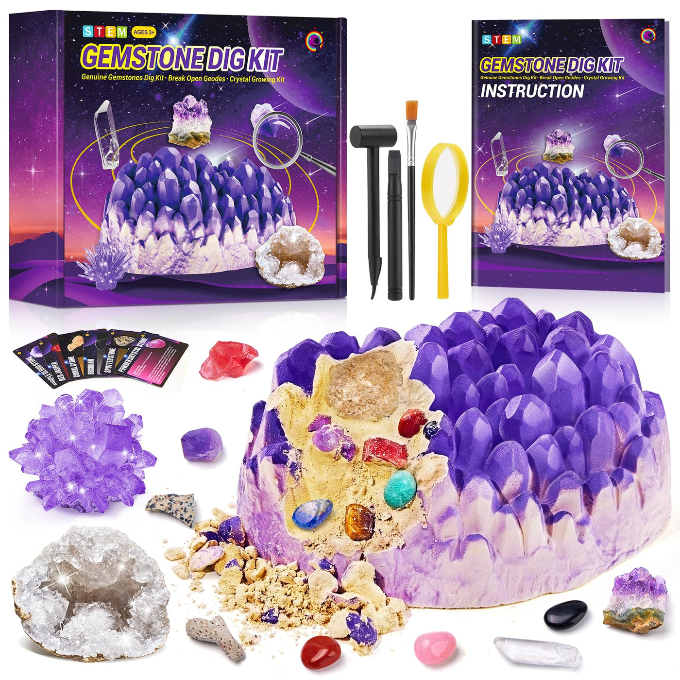 Mineralien Ausgrabungs-Set, Ausgrabungsset für Kinder, Jumbo Edelstein Experimentierset mit Mineralien Steine, Geoden, Kristalle Züchten, Geburtstag Party für Kinder Ab 6 7 8 9 10 Jahre Geschenk