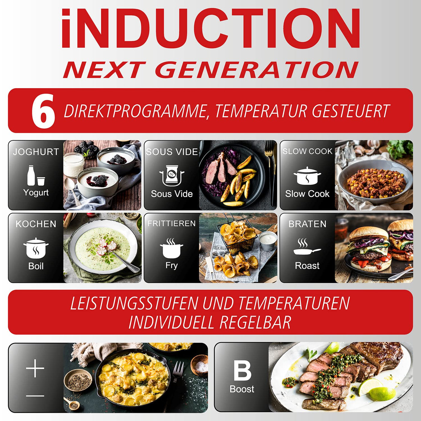 ROMMELSBACHER Einzelkochplatte CTS 2000/IN – Induktion, innovativer Temperatursensor, ersetzt viele Küchengeräte: 6 Programme (z. B. Joghurt, Sous Vide, Frittieren), individuell gradgenau einstellbar