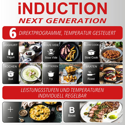 ROMMELSBACHER Einzelkochplatte CTS 2000/IN – Induktion, innovativer Temperatursensor, ersetzt viele Küchengeräte: 6 Programme (z. B. Joghurt, Sous Vide, Frittieren), individuell gradgenau einstellbar